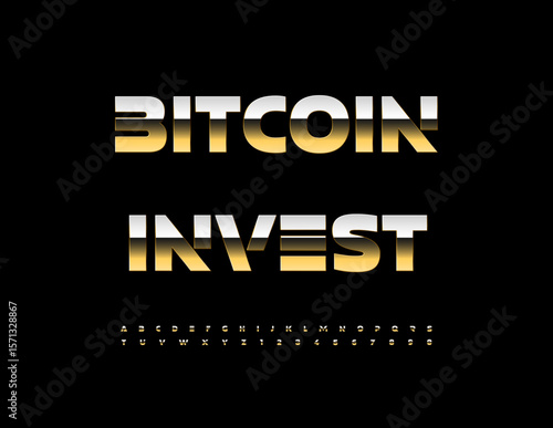 Vector Business logo Bitcoin Invest. Premium Golden Font. Futuristic  Uppercase Alphabet Letters and Numbers set. 