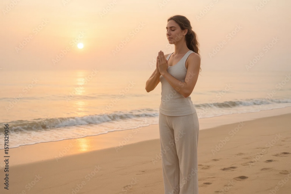 A woman in a light-colored outfit stands on the beach, her hands pressed together in prayer as the sun rises over the calm sea A woman in a light-colored outfit stands on the beach, her hands pressed together in prayer as the sun rises over the calm sea