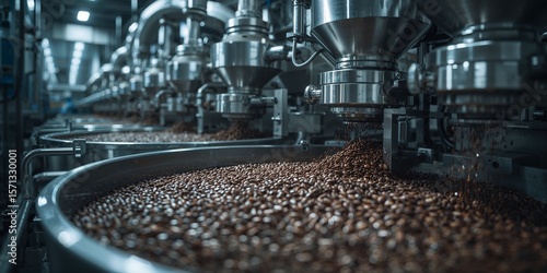 Close up of industrial machinery processing coffee beans in a factory setting with metal equipment