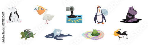 Animal Suffering from Contaminated Nature and Environment Pollution Effect Vector Set