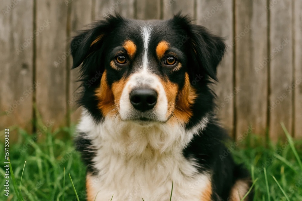 A black and white dog sits patiently in front of a wooden fence, its gaze steady and alert A black and white dog sits patiently in front of a wooden fence, its gaze steady and alert