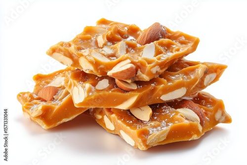 Brazilian p-de-moleque peanut brittle stacked with a rich amber color on a clean white background, showcasing traditional Brazilian sweets and culinary delights