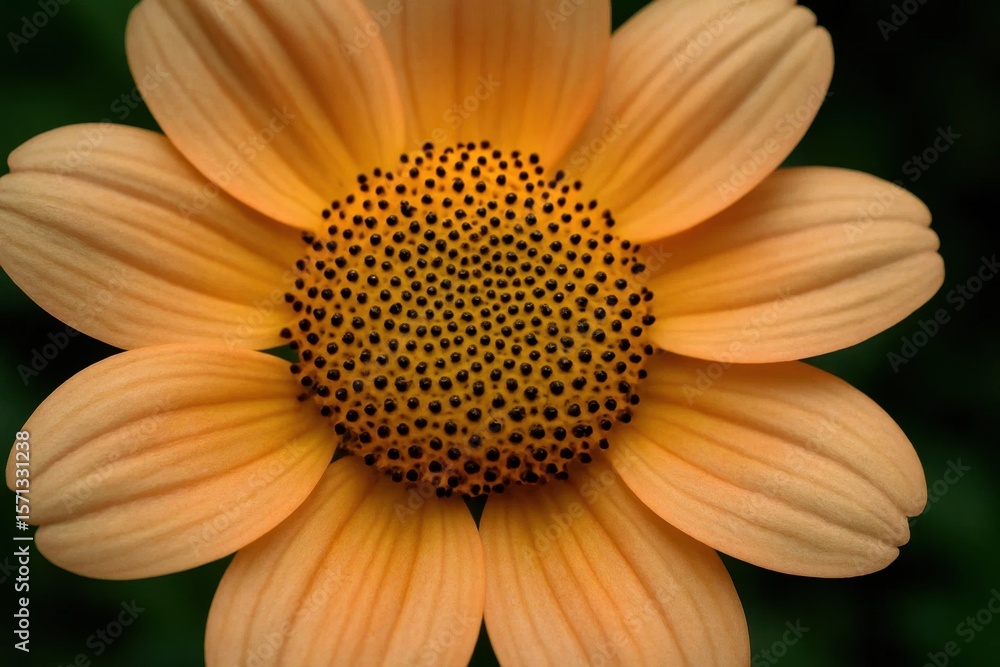 A vibrant orange daisy with a captivating pattern of black seeds stands out against a dark, blurred background A vibrant orange daisy with a captivating pattern of black seeds stands out against a dark, blurred background