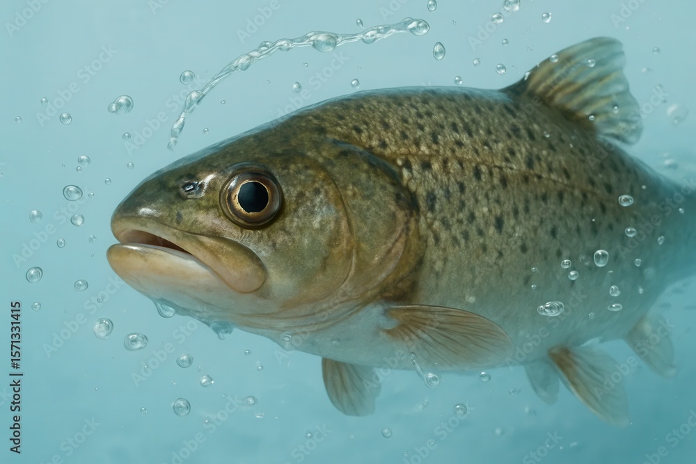 Amidst the tranquil waters, a brown trout swims with grace, its scales shimmering under the soft light Amidst the tranquil waters, a brown trout swims with grace, its scales shimmering under the soft light