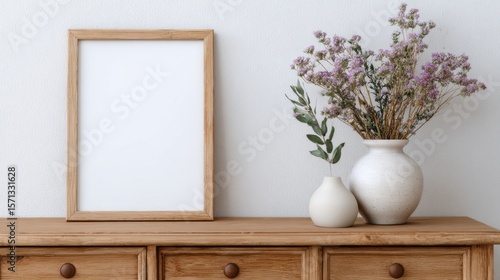 Mock-up poster frame on a vintage chest of drawers in a minimalist interior, showcasing a clean and simple setting with ample free space for design elements.