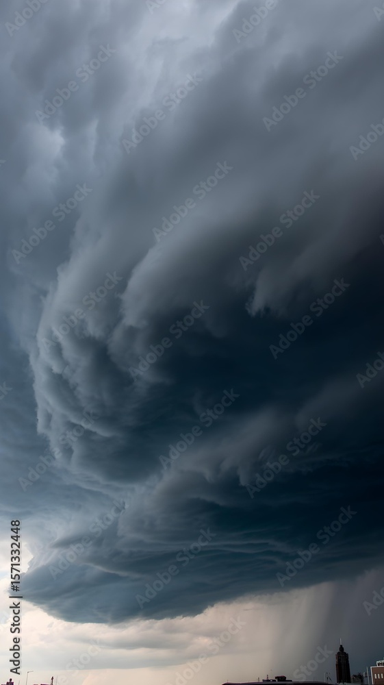 Obraz premium A mesmerizing sight of storm clouds swirling ominously above the city skyline before rainfall.