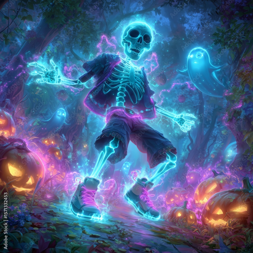 Fototapeta premium Neon Skeleton Dance in an Enchanted Halloween Forest