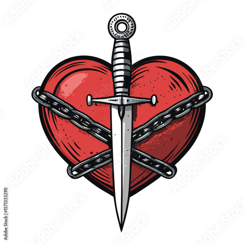 A red heart, chained and pierced by a sword, against a black background.