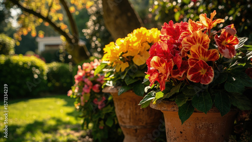 Wallpaper Mural Colorful pansies in terracotta pots with red yellow and pink blooms in a sunny garden setting with blurred background Torontodigital.ca