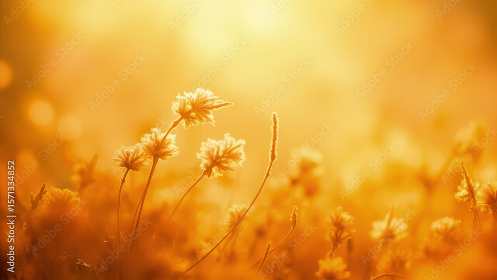 Obraz premium Golden hour light illuminating delicate wildflowers in a field with soft focus and warm orange and yellow tones creating a dreamy atmosphere