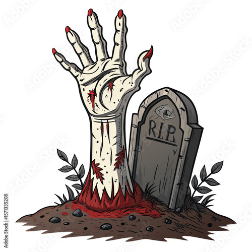 A spectral demon hand emerges from a crumbling tomb, pale and unsettling.
