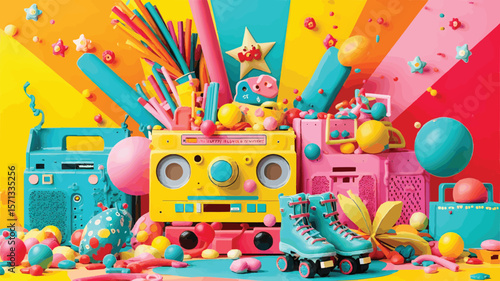 Retro boombox roller skates and candy colorful