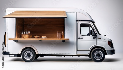 a white food truck with a wooden top and a black wheel the truck is parked on a white background empty space for logo or text mockup