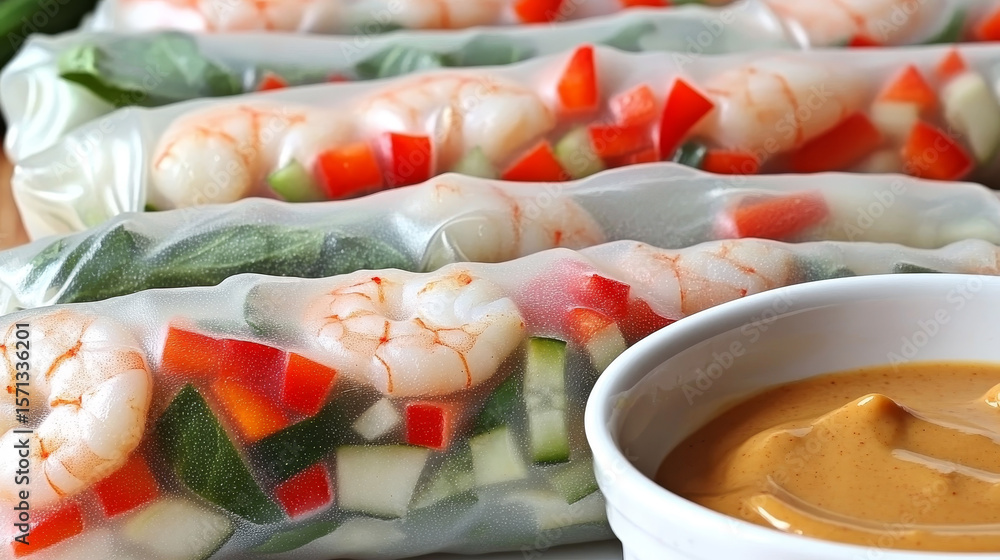 Fresh, colorful shrimp spring rolls with vibrant vegetables. Perfect light, healthy Asian meal.