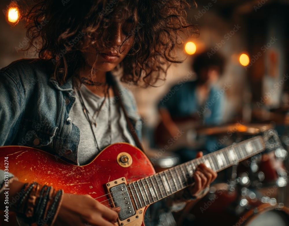 Obraz premium Close-up of a young woman playing a red electric guitar, in the club.