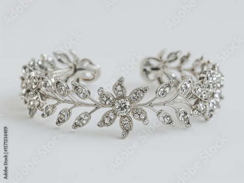 Floral motif bridal bracelet with leaf pattern and rhinestone sparkle