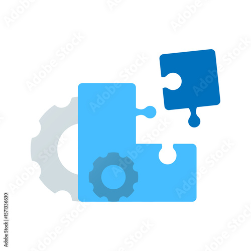 illustration of puzzle pieces and gear mechanism. integration, system settings, UI customization, compatibility. for software development, process optimization or adjustments in apps and websites