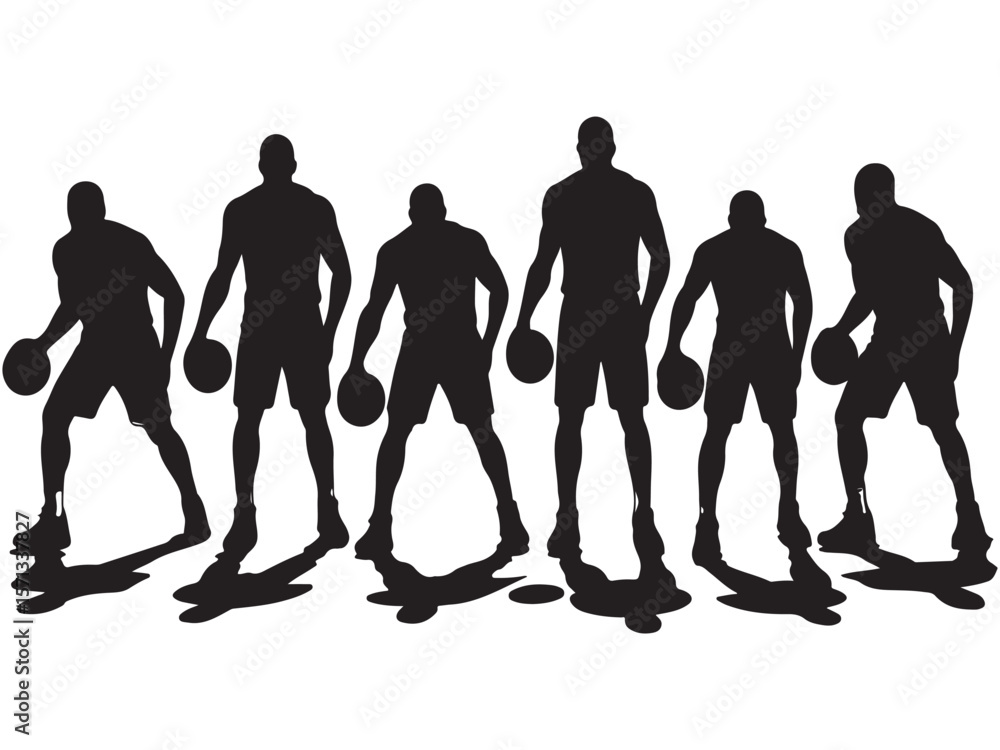 Six basketball players in silhouette with shadows on a white background Six basketball players in silhouette with shadows on a white background