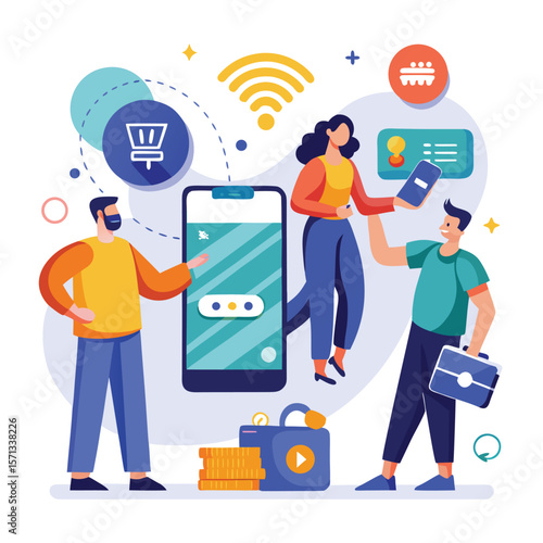 Illustration of digital payment system and modern business technology networking