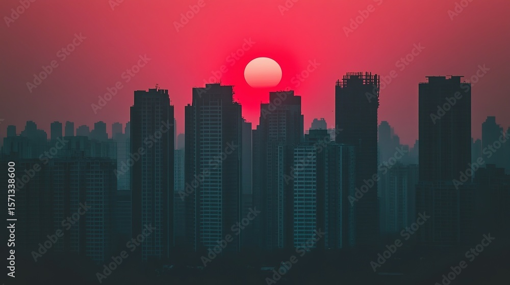 Fototapeta premium Silhouette of skyscrapers at sunset against a vibrant red sky.