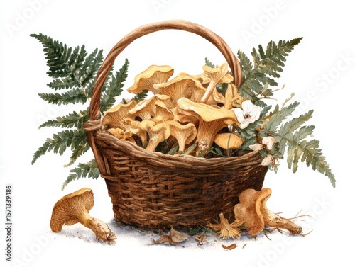 Watercolor depiction of a foraging basket overflowing with chanterelles and vibrant green ferns in warm earthy brown tones on white