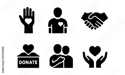 Charity and compassion icons: hands, heart, and community symbols for giving and support