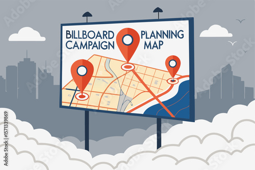 Vector billboard campaign planning depicting geolocation, market research, advertising, marketing, strategy, data analysis.