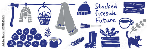 Hand drawn ink Line art Stacked fireside cozy future flat vector bundle in blue and grey palette