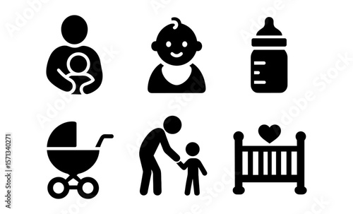 Parenting icons: baby, child, bottle, stroller, father, crib