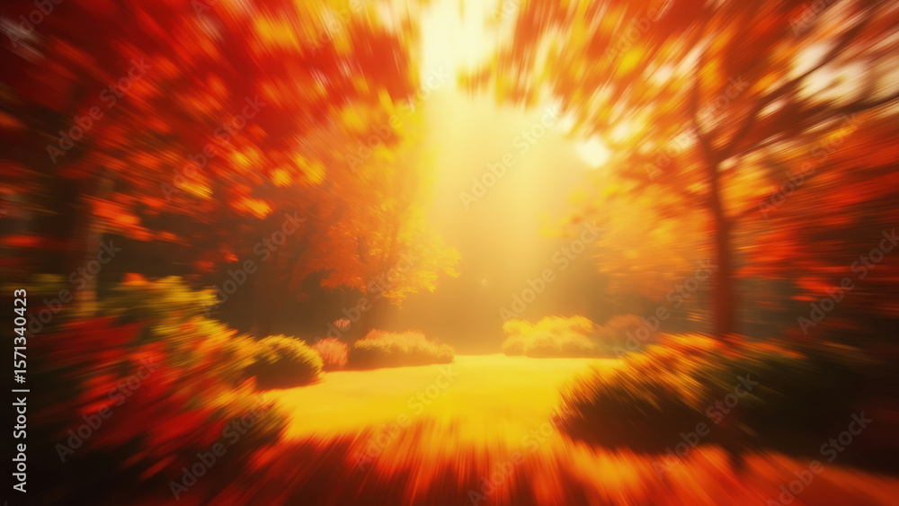 Obraz premium Autumnal landscape with blurred effect showcasing warm orange and yellow hues of trees and foliage with bright sunlight