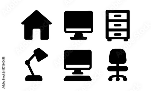 Black silhouette icons of home office items: desk, chair, monitor, lamp, drawer