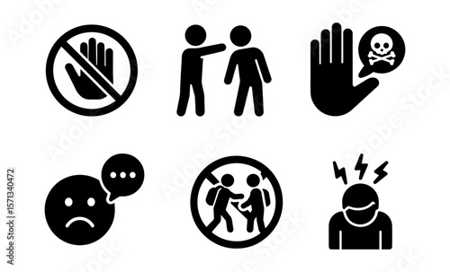 Black and white symbols highlighting bullying, warning signs, and stress representation