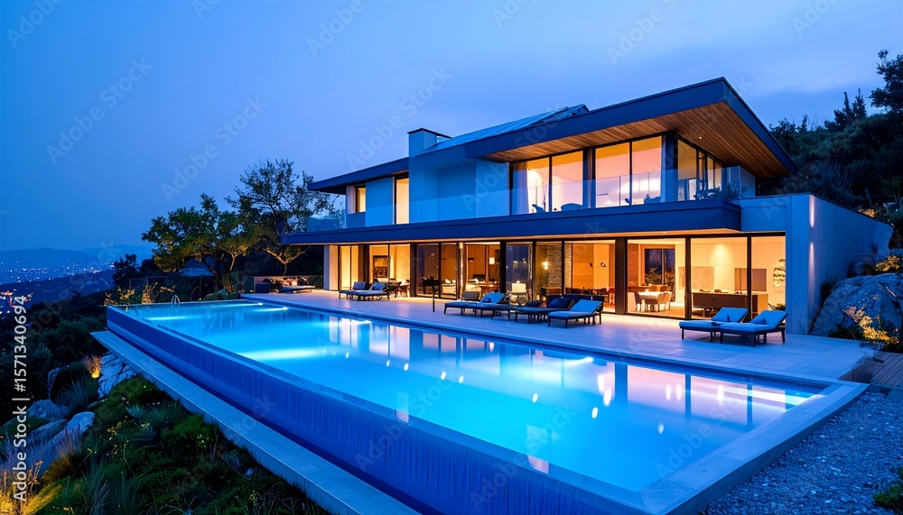 Fototapeta premium Luxury Villa with Infinity Pool at Dusk
