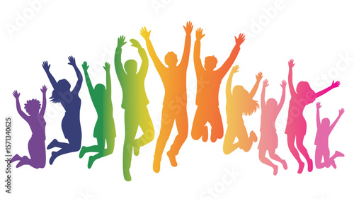 Rainbow Silhouettes Diverse Group of People Jumping and Cheering with Arms Raised on White Background