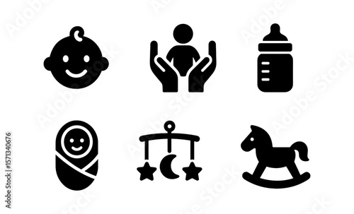 Baby care essentials: icons of infant safety, nurturing hands, and childhood joy