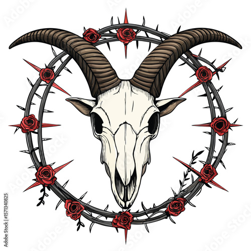 Bleak image goat skull encircled by barbed wire against a dark, foreboding backdrop.
