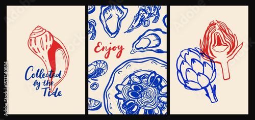 Italian cuisine and sea inspired poster set with pasta, seafood, wine, lemons, shells, herbs and decorative blue tiles in flat cartoon vector style, Mediterranean kitchen wall art prints