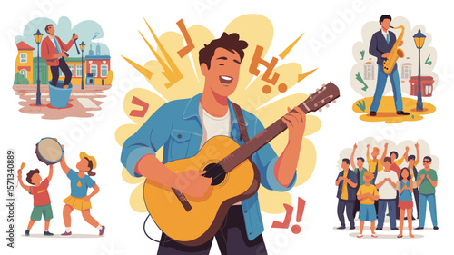 Musical Illustrations Guitarist, Saxophonist, Drum Players, and Street Performer Entertainment with Crowd Support