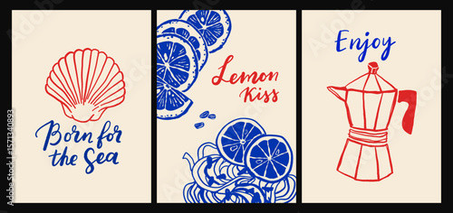 Italian cuisine and sea inspired poster set with pasta, seafood, wine, lemons, shells, herbs and decorative blue tiles in flat cartoon vector style, Mediterranean kitchen wall art prints
