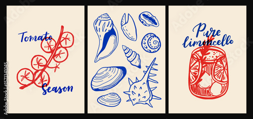 Italian cuisine and sea inspired poster set with pasta, seafood, wine, lemons, shells, herbs and decorative blue tiles in flat cartoon vector style, Mediterranean kitchen wall art prints