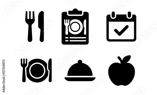 Dining icons set: cutlery, menu, reservation, plate, bell, apple silhouettes