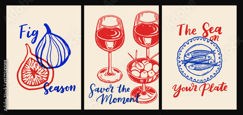 Italian cuisine and sea inspired poster set with pasta, seafood, wine, lemons, shells, herbs and decorative blue tiles in flat cartoon vector style, Mediterranean kitchen wall art prints