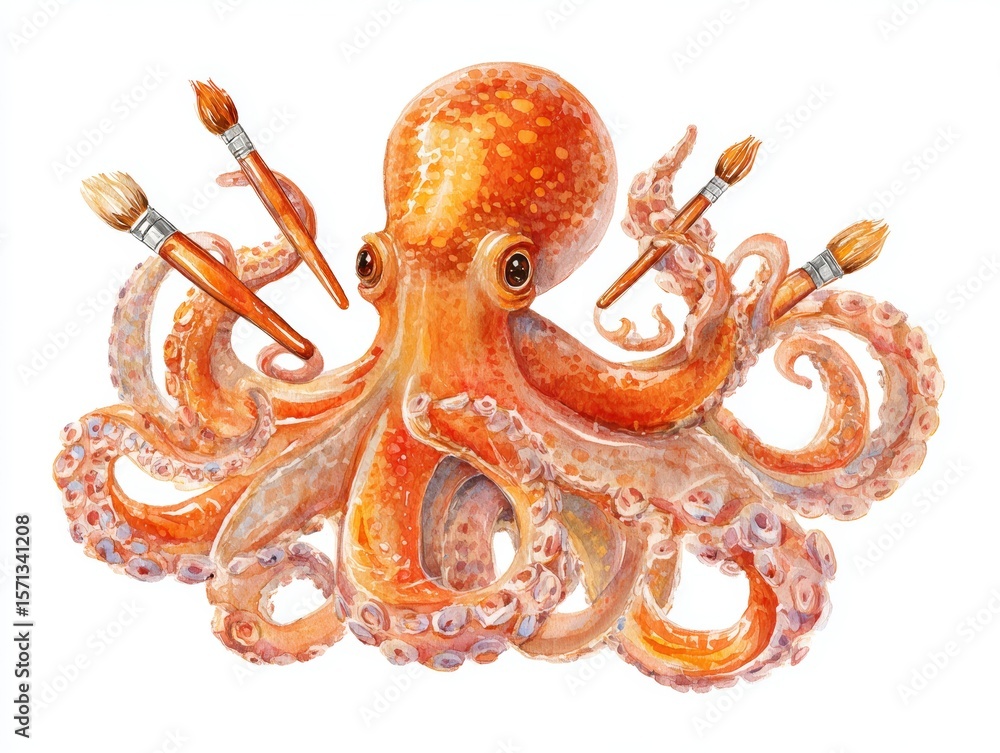 Obraz premium Cheerful watercolor illustration of a friendly octopus holding colorful paintbrushes on bright white background