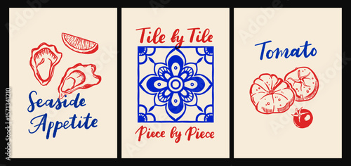 Italian cuisine and sea inspired poster set with pasta, seafood, wine, lemons, shells, herbs and decorative blue tiles in flat cartoon vector style, Mediterranean kitchen wall art prints