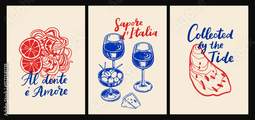 Italian cuisine and sea inspired poster set with pasta, seafood, wine, lemons, shells, herbs and decorative blue tiles in flat cartoon vector style, Mediterranean kitchen wall art prints