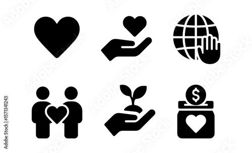 Compassionate icons: heart, hand, globe, partnership, growth, and charity symbols