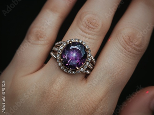 Crescent moon ring with amethyst star and galaxy swirl