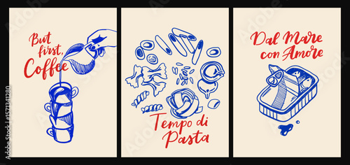 Italian cuisine and sea inspired poster set with pasta, seafood, wine, lemons, shells, herbs and decorative blue tiles in flat cartoon vector style, Mediterranean kitchen wall art prints