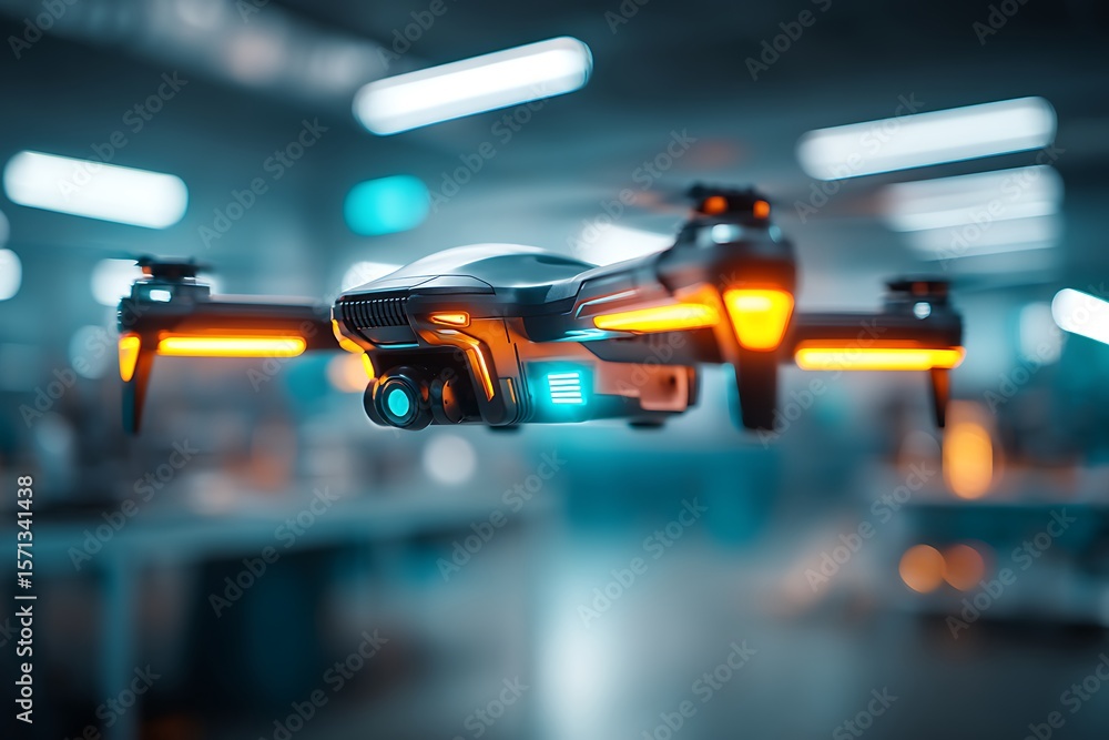 A high-tech drone with glowing lights, symbolizing cutting-edge drone technology, advanced surveillance, and potential military or industrial applications. A high-tech drone with glowing lights, symbolizing cutting-edge drone technology, advanced surveillance, and potential military or industrial applications.