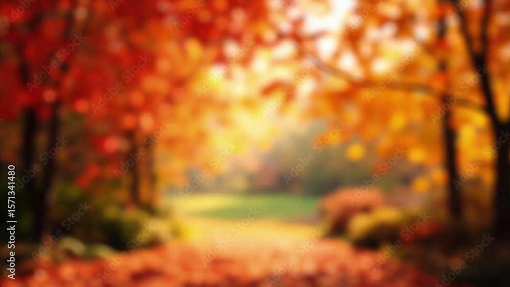 Fototapeta premium Blurry autumn scene with orange and red foliage trees and a path leading to a green clearing with sunlit background